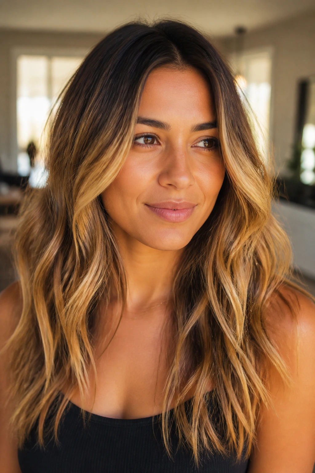 Medium-close portrait of a real person with bronde hair and shadow root in a sunlit room