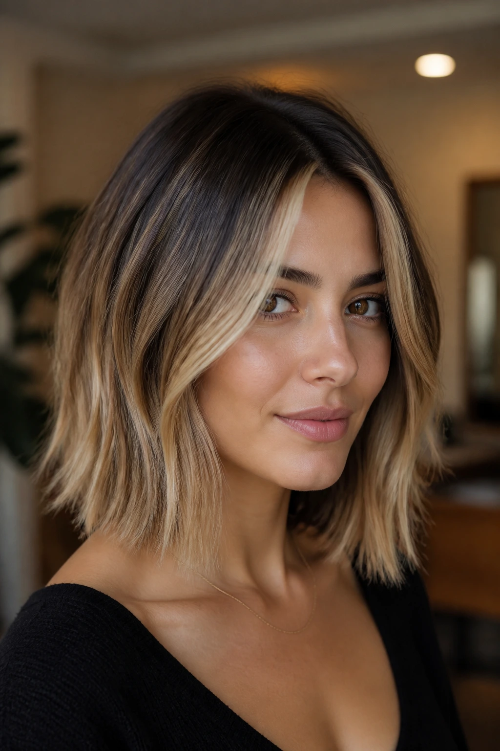 Close-up of real woman with bronde shadow-root lob