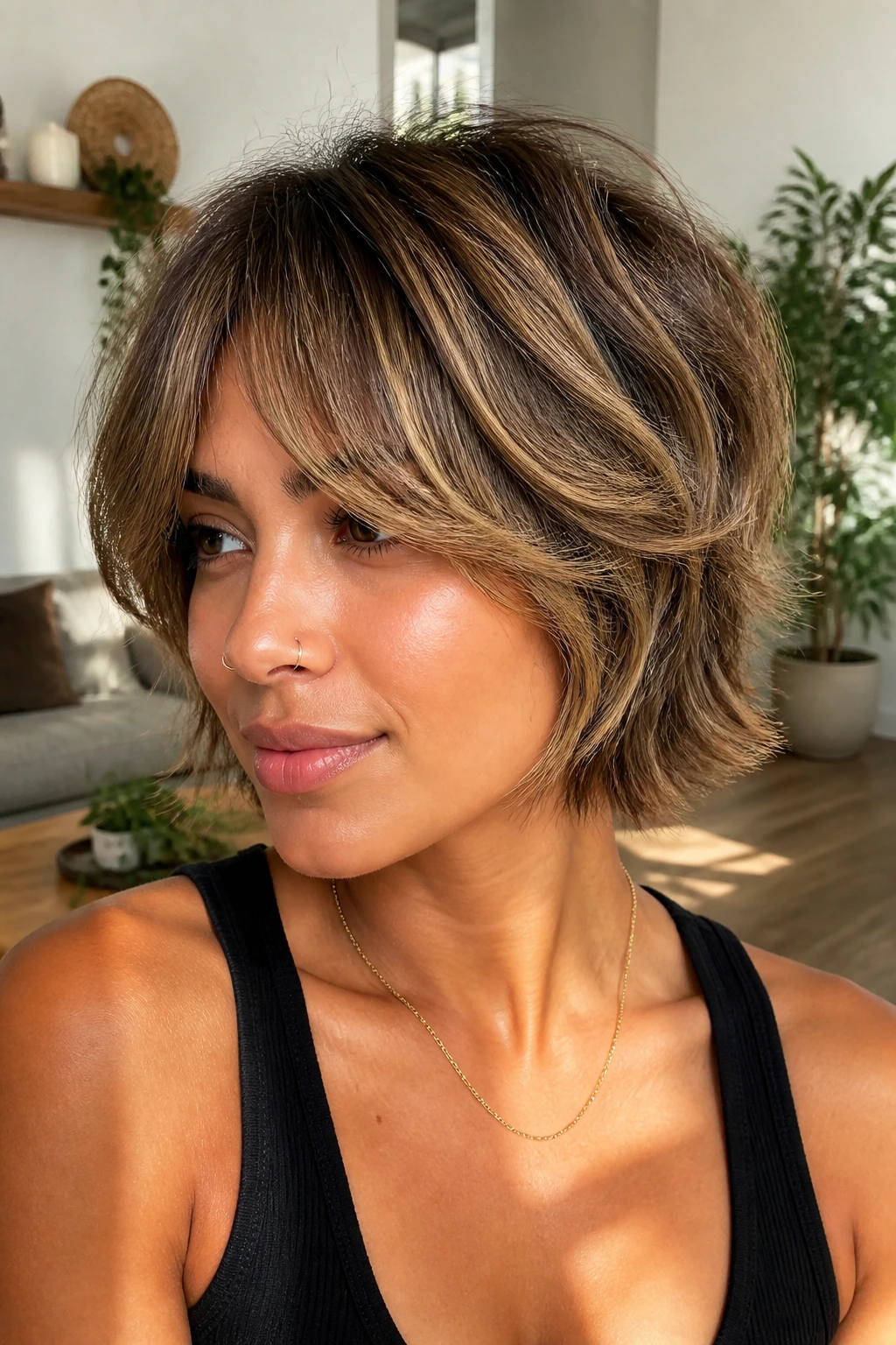 Real woman with bronde shag cut in sunny living room light