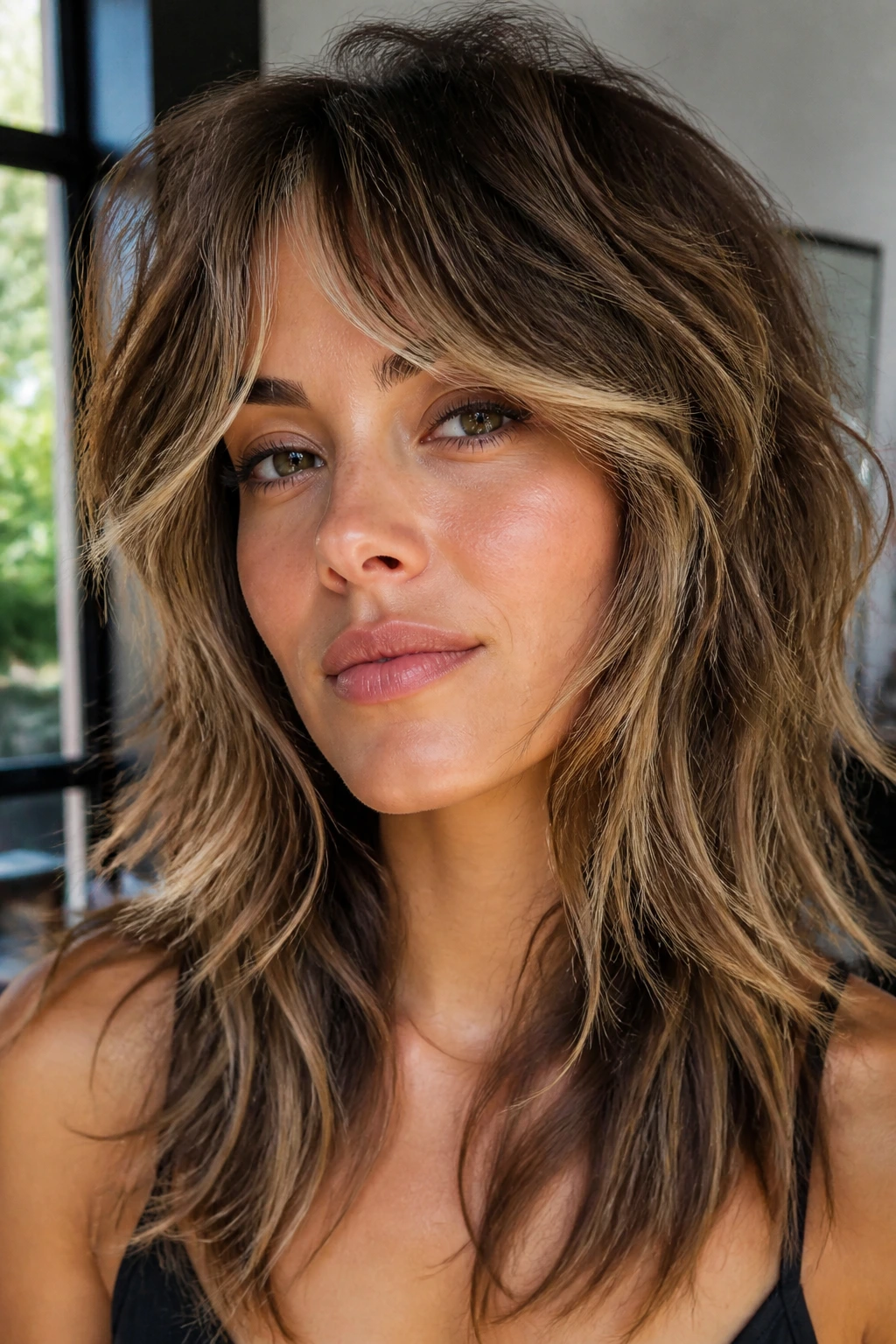 Close-up of a real woman with a shag cut in dimensional bronde tones