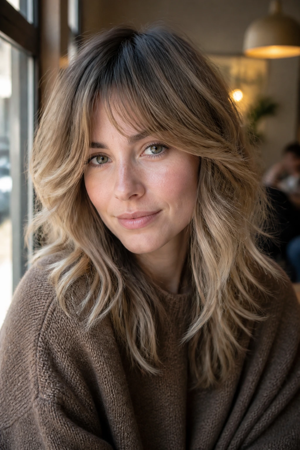 Close-up portrait of a real woman with multi-tonal bronde shag and soft root shadow