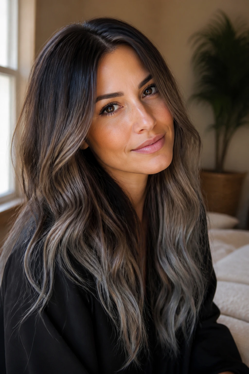 Close-up of a real woman with bronde-to-slate hair transition showing dark roots, bronde mids, and slate ends.