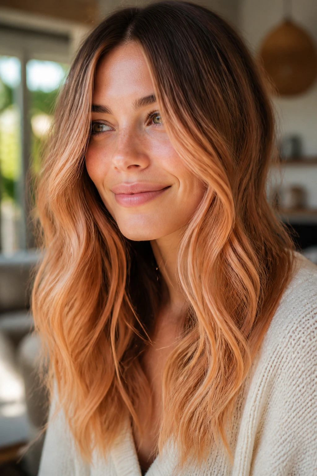 Close-up portrait of a real woman with bronde-to-strawberry blend hair color.