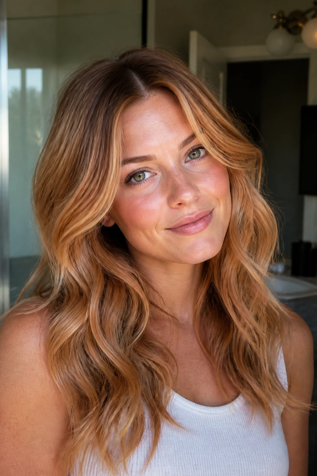Portrait of a real woman with strawberry bronde and warm roots under natural light.