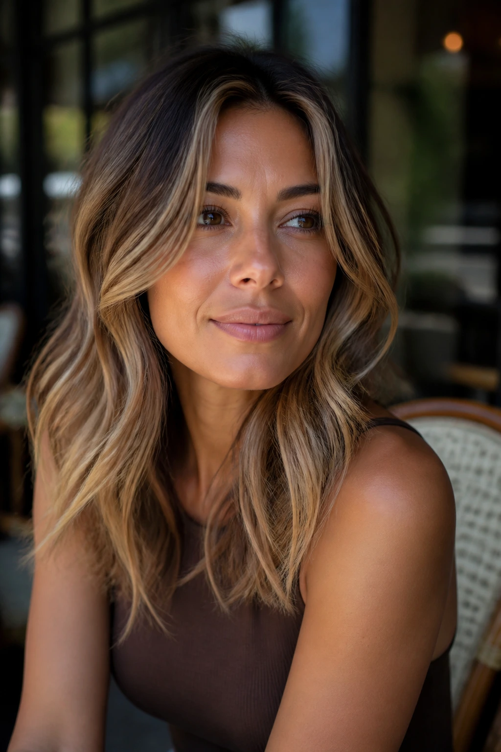 Close-up showing bronde with sun-kissed layers and movement