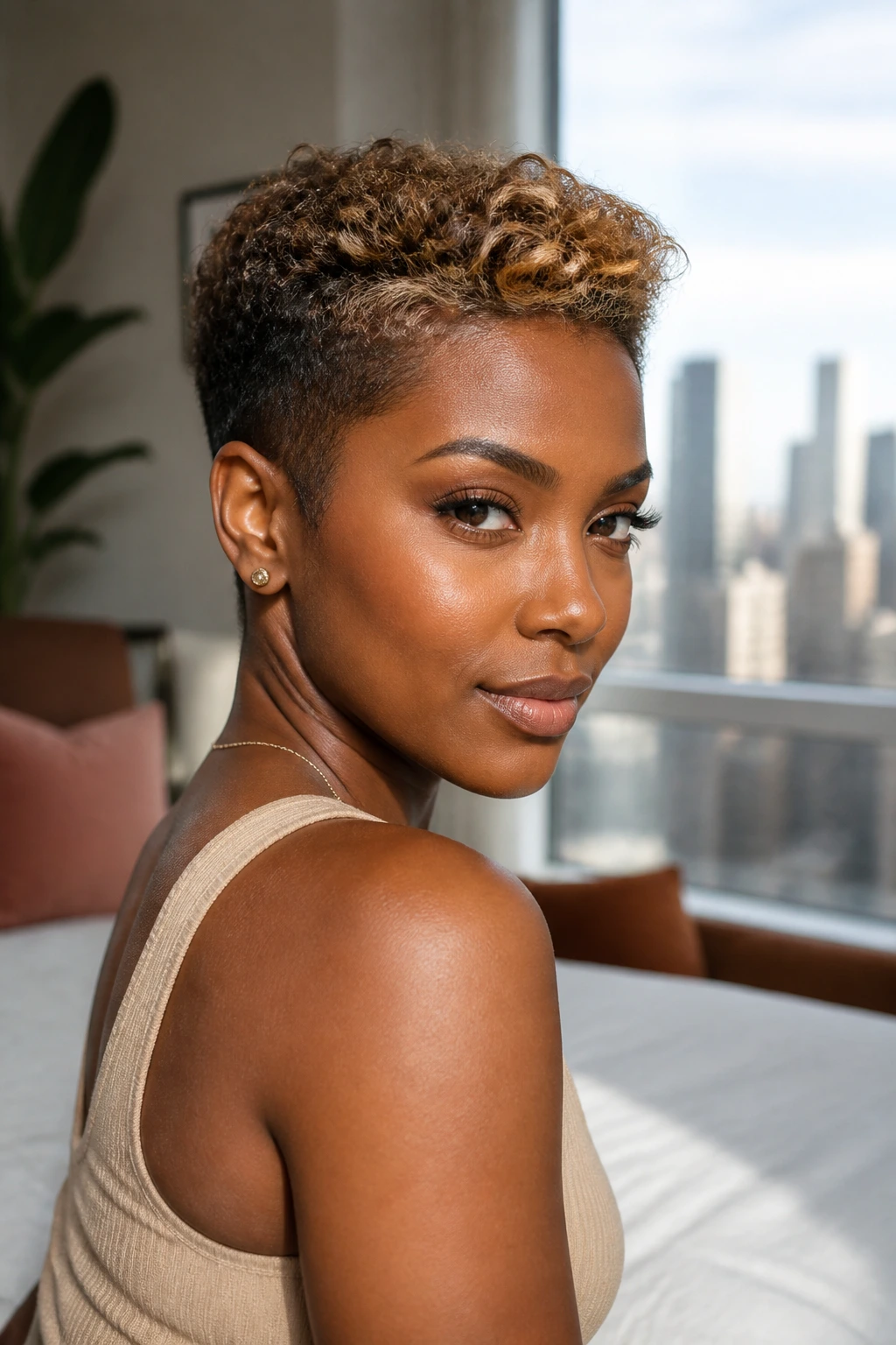Close-up portrait of a real woman with bronde tapered cut in natural daylight