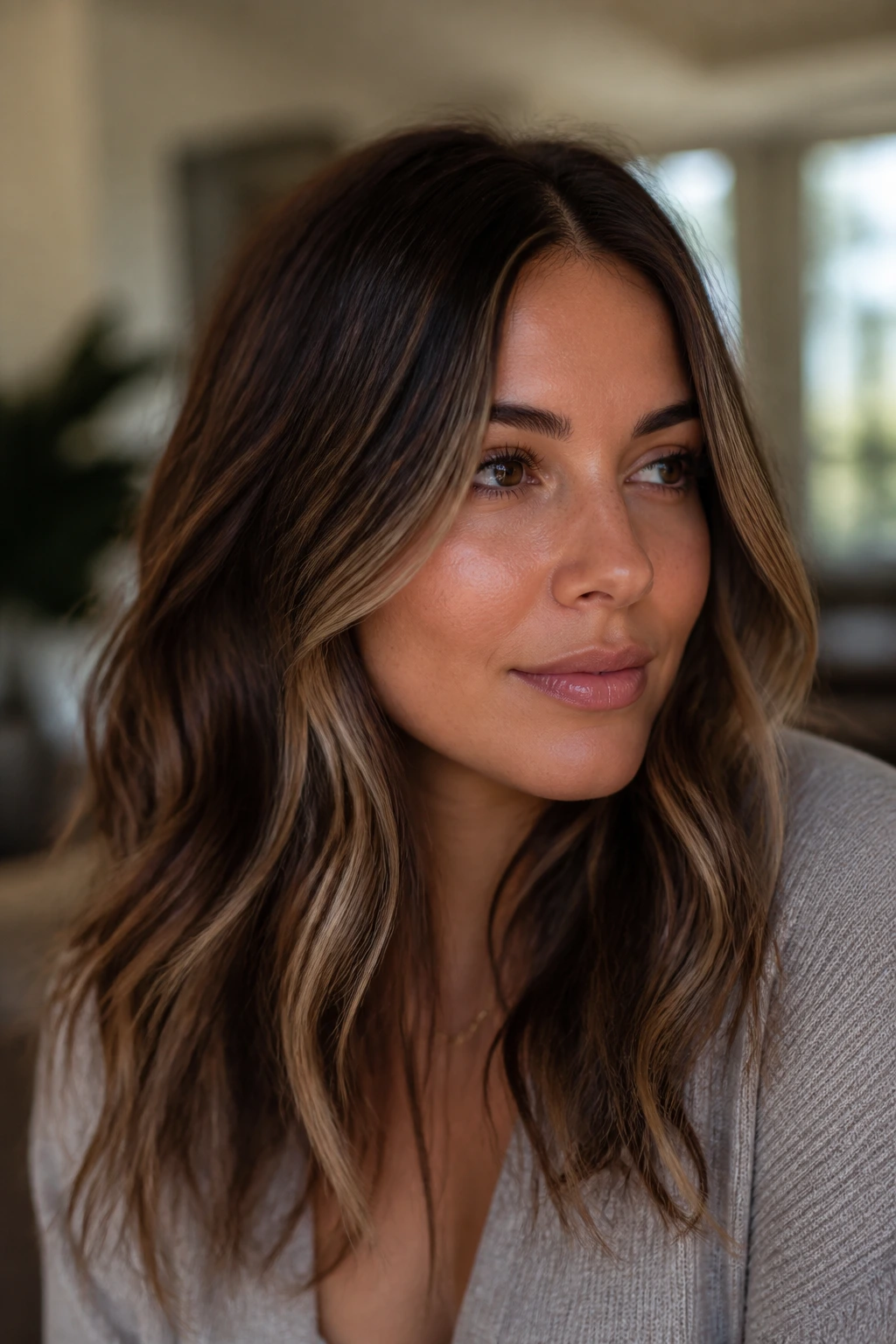 Brunette choosing bronde tone with soft face-framing pieces in a home setting
