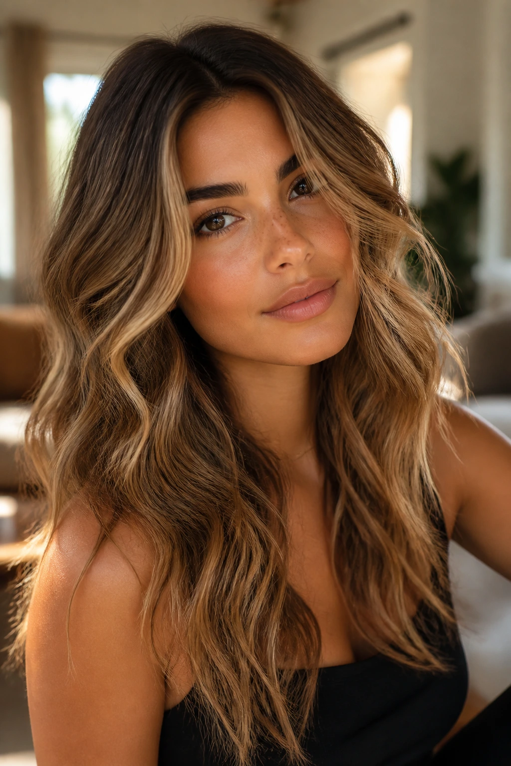Close-up portrait of a real woman with golden bronde waves framing her face in a sunlit living room