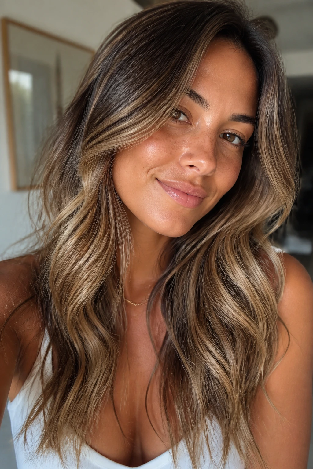 Close-up of a real person with soft bronde beach waves on tan skin in warm natural light