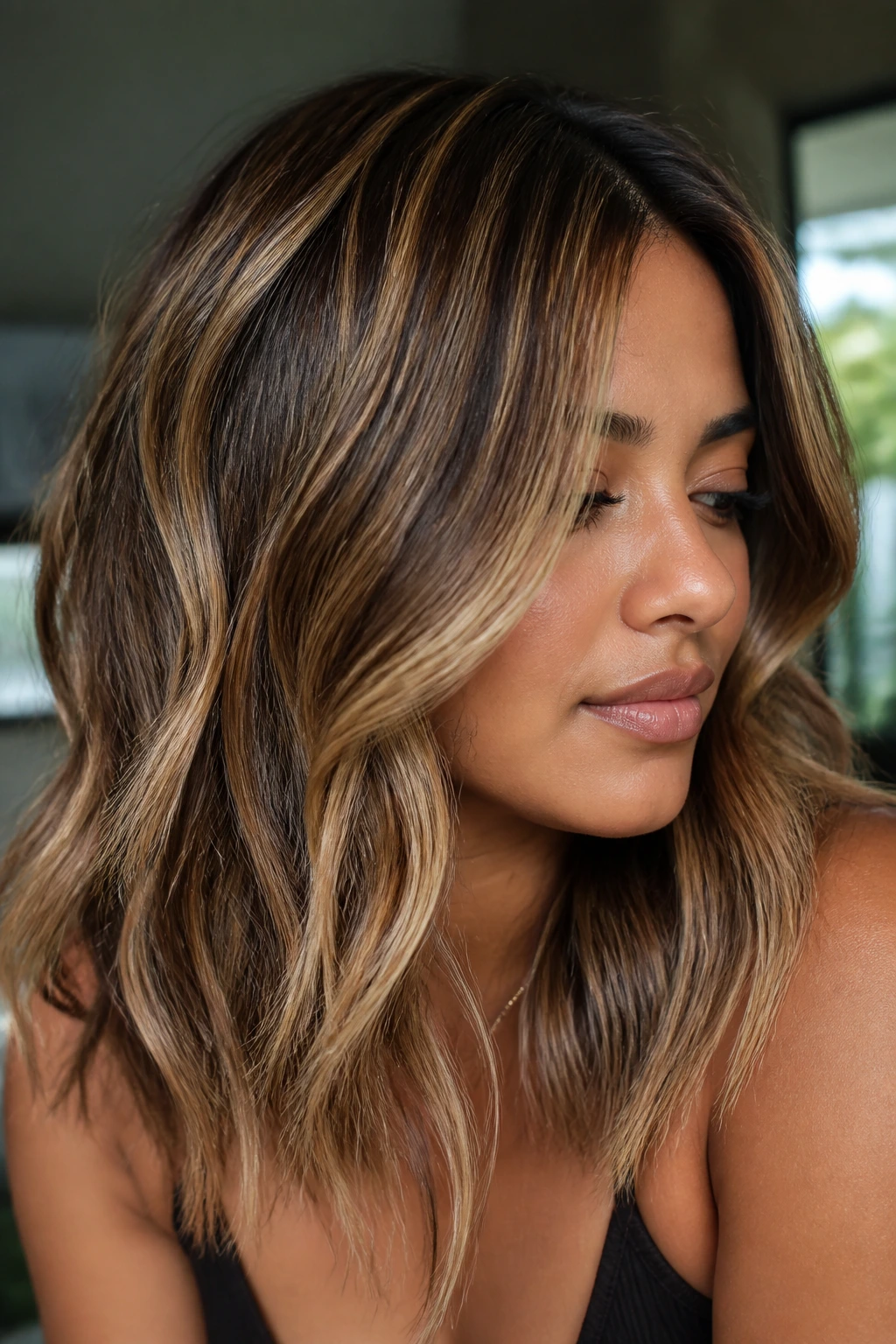 Close-up of a real woman with bronde weave on midlength hair and tan skin