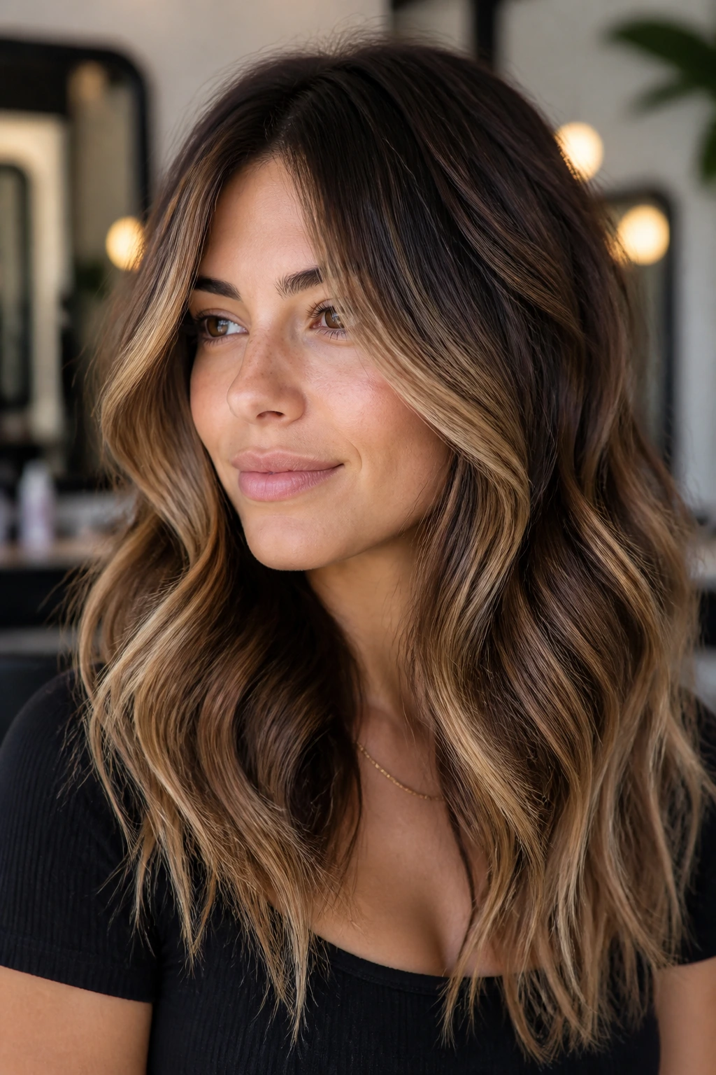 Bronde balayage on brunette with seamless blend and soft frame around face