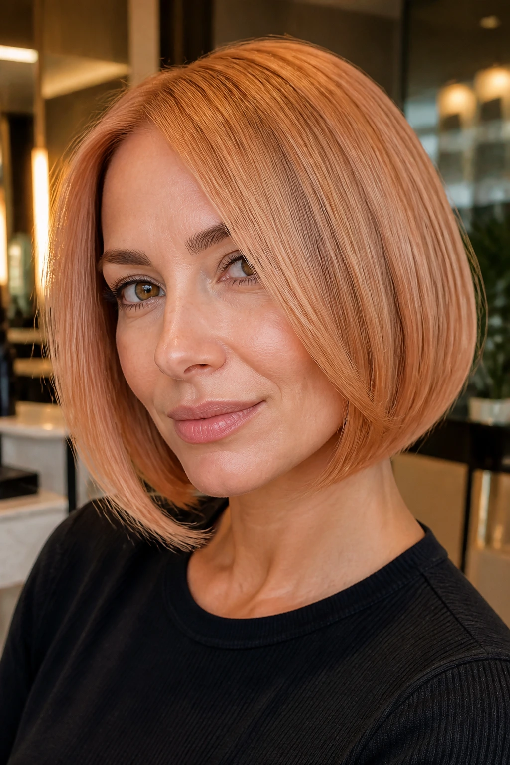 Close-up of real woman's hair in Bronze Apricot Sleek Bob