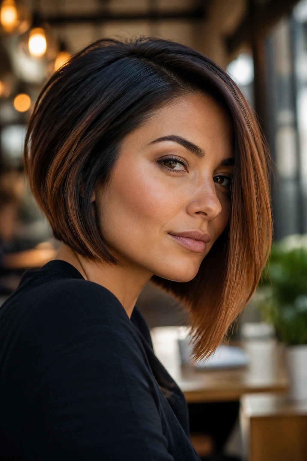 Portrait of a woman with bronze asymmetrical bob against cafe backdrop.
