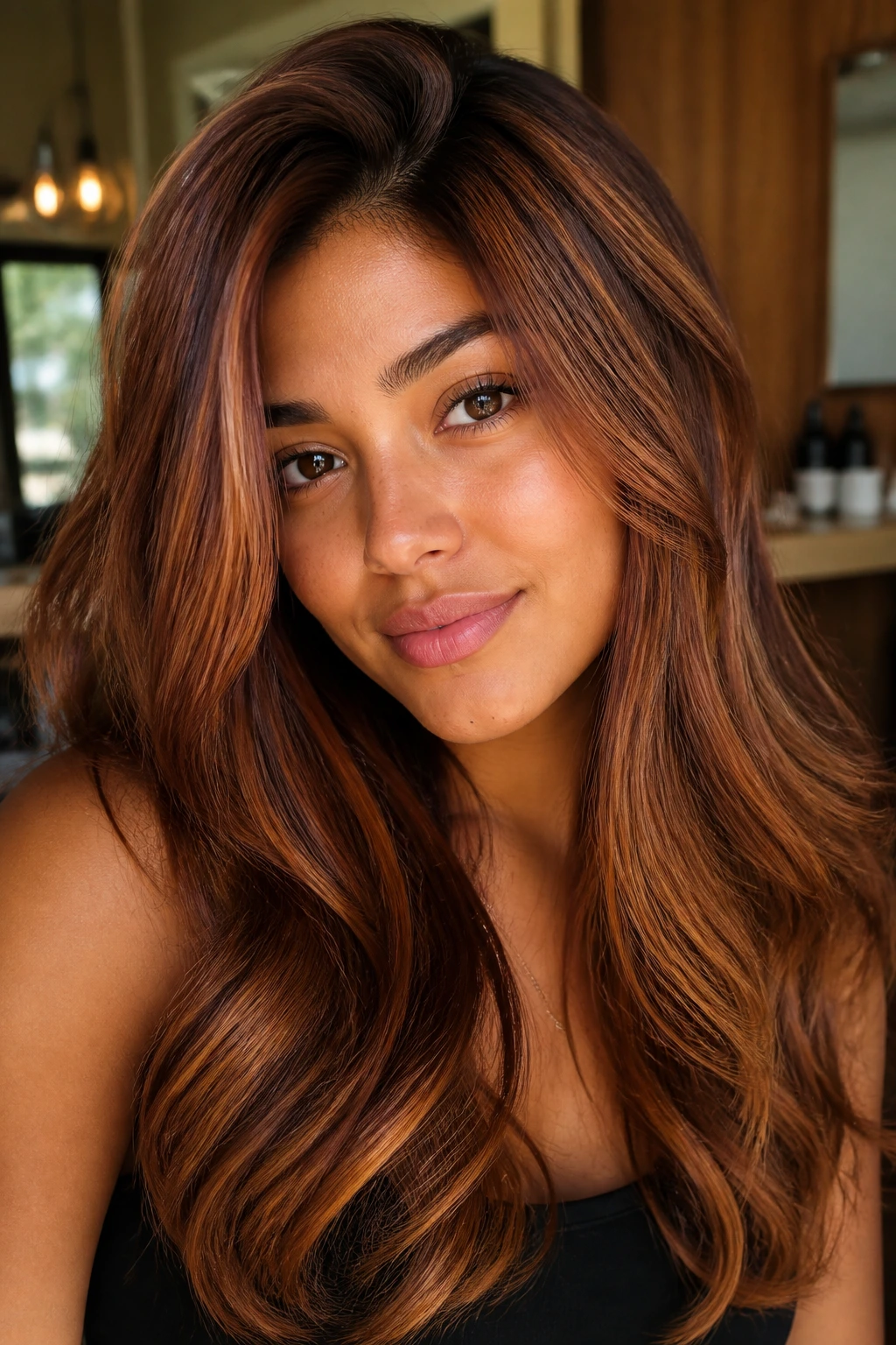Close-up portrait of a real woman with bronze-auburn hair showing metallic warmth and golden undertones