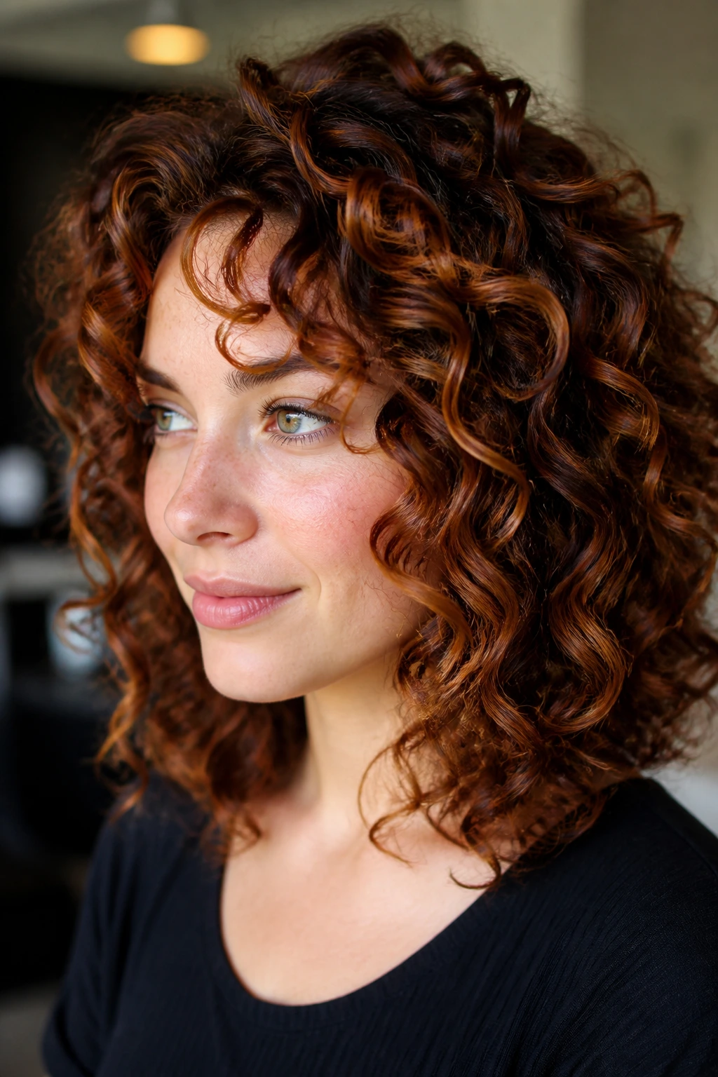 Close-up of a real woman with bronze auburn ribboning in curly hair