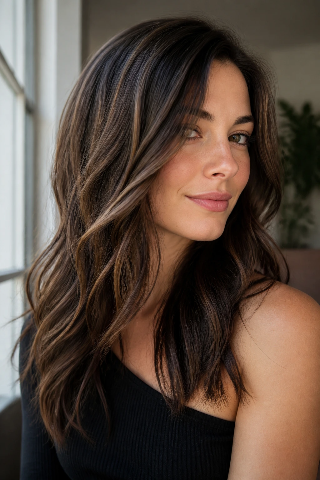 Close-up of espresso-brown hair with smoky bronze babylights on a real person.