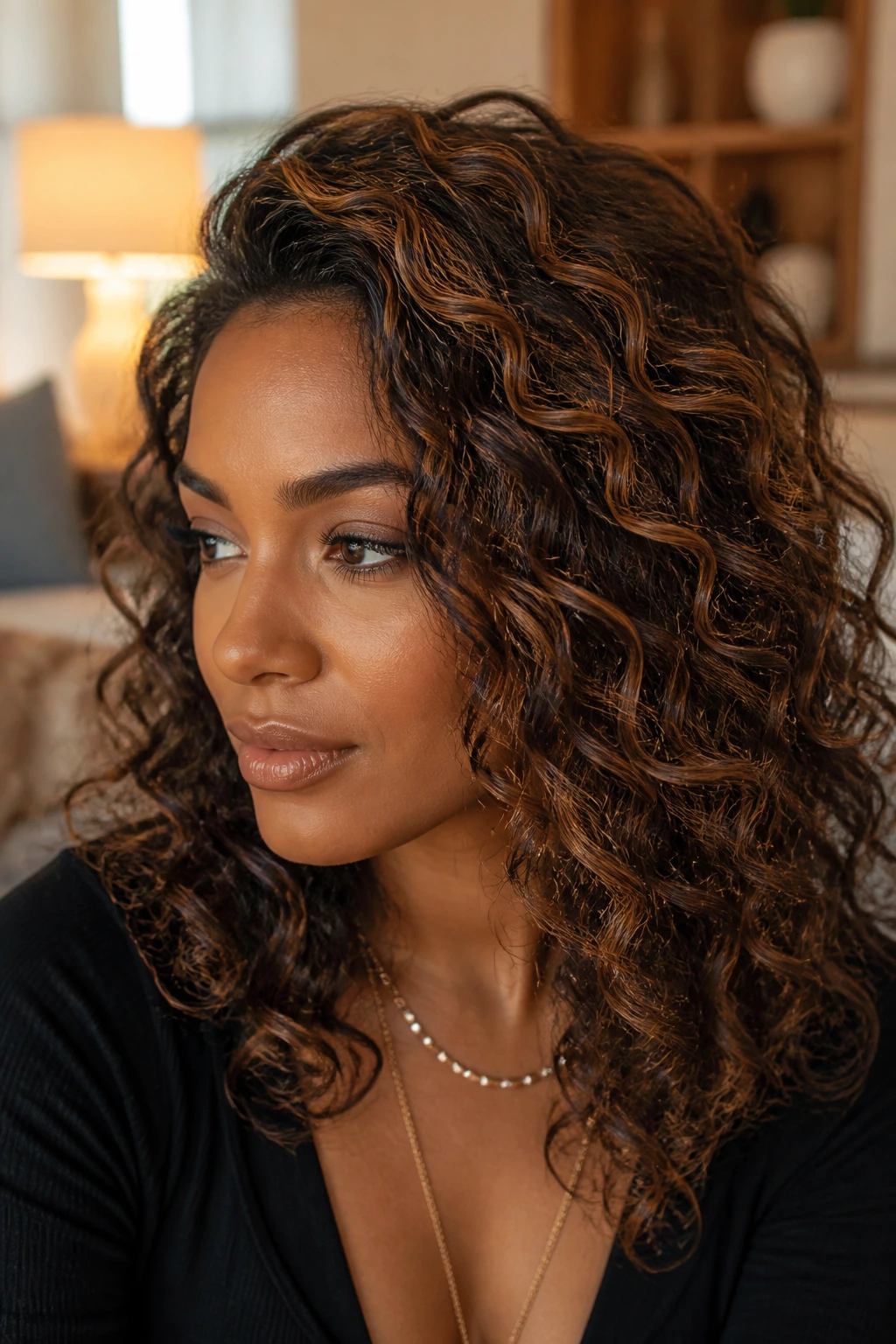 Close-up of a real person with bronze babylights on loose curls