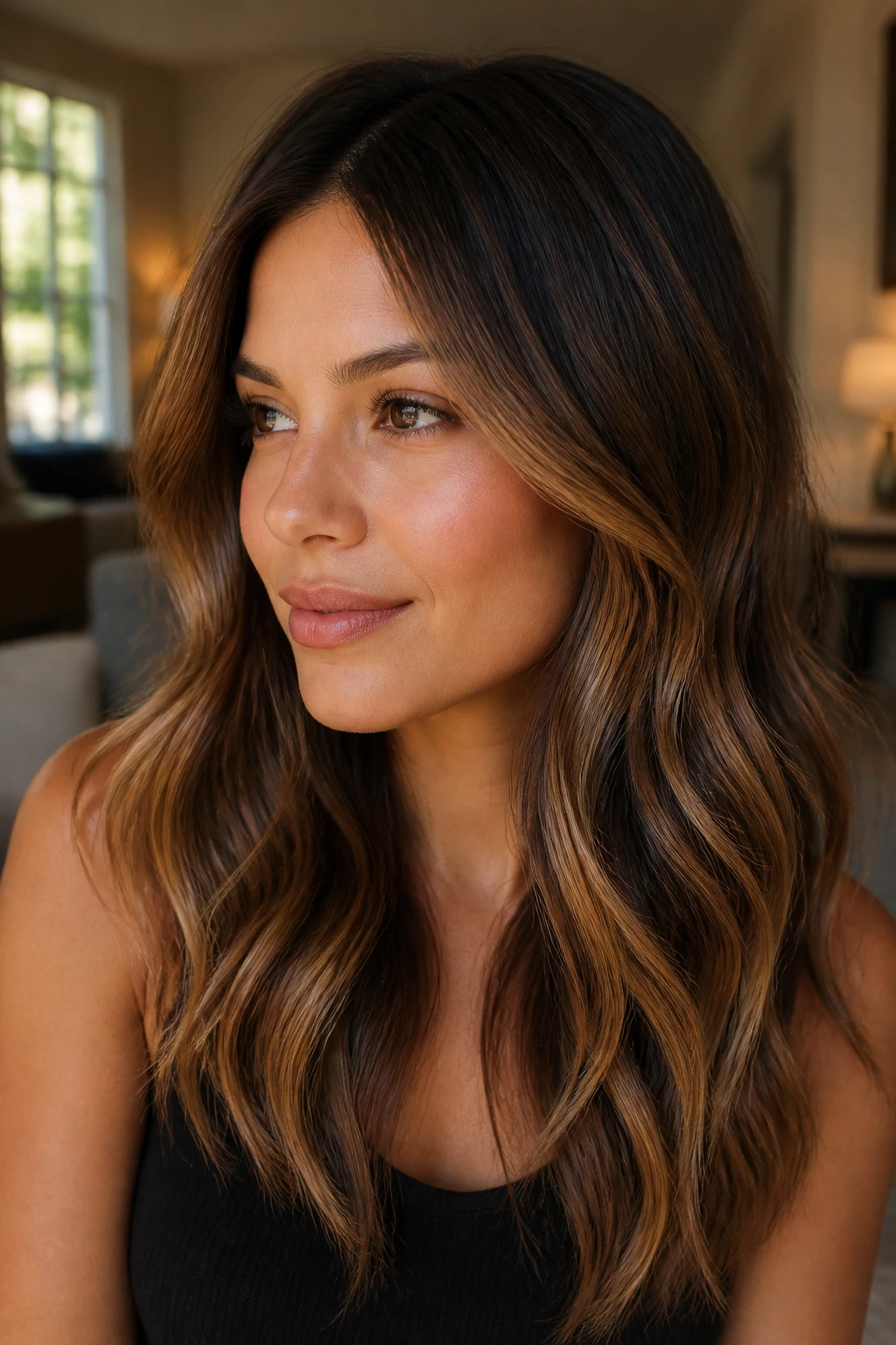 Close-up of a real woman with Bronze Glow Balayage on dark hair, bronze shimmer through mid-lengths.