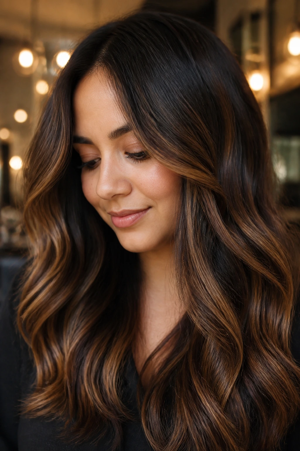 Close-up of deep brunette hair with bronze balayage on lower mids and ends