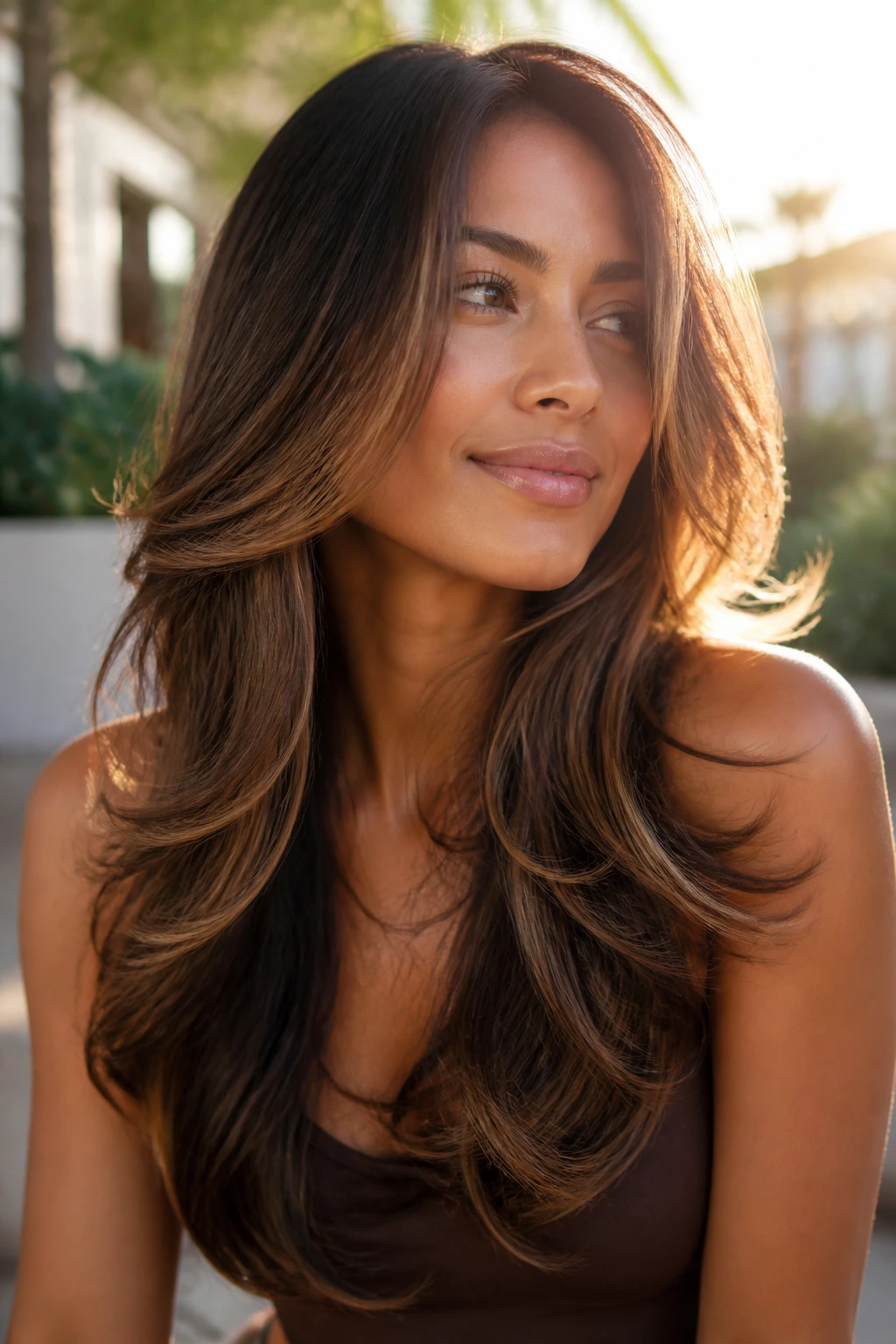 Portrait of a real person with bronze balayage butterfly cut hairstyle