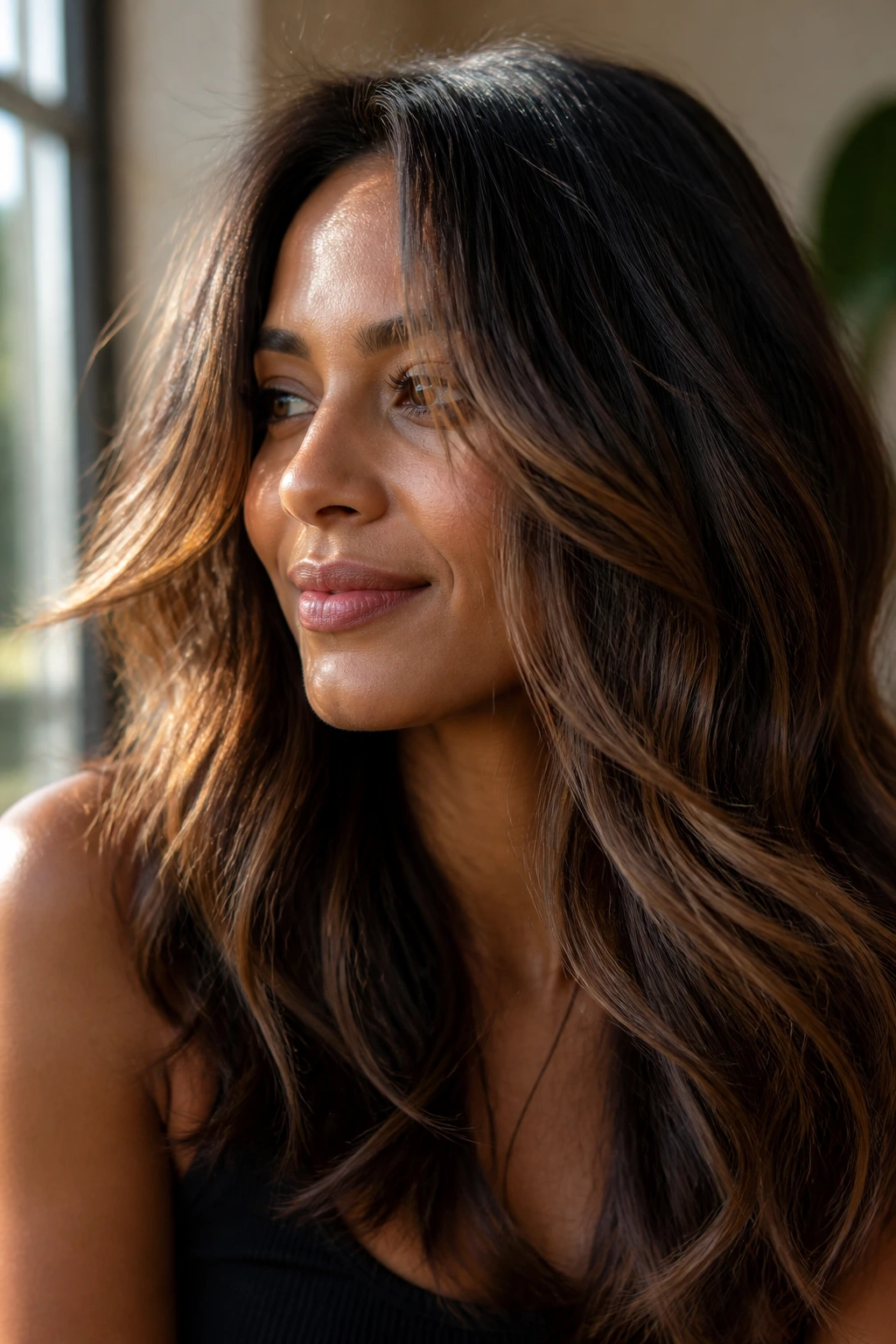 Close-up of a real person showing a bronze veil balayage through the outer hair layer