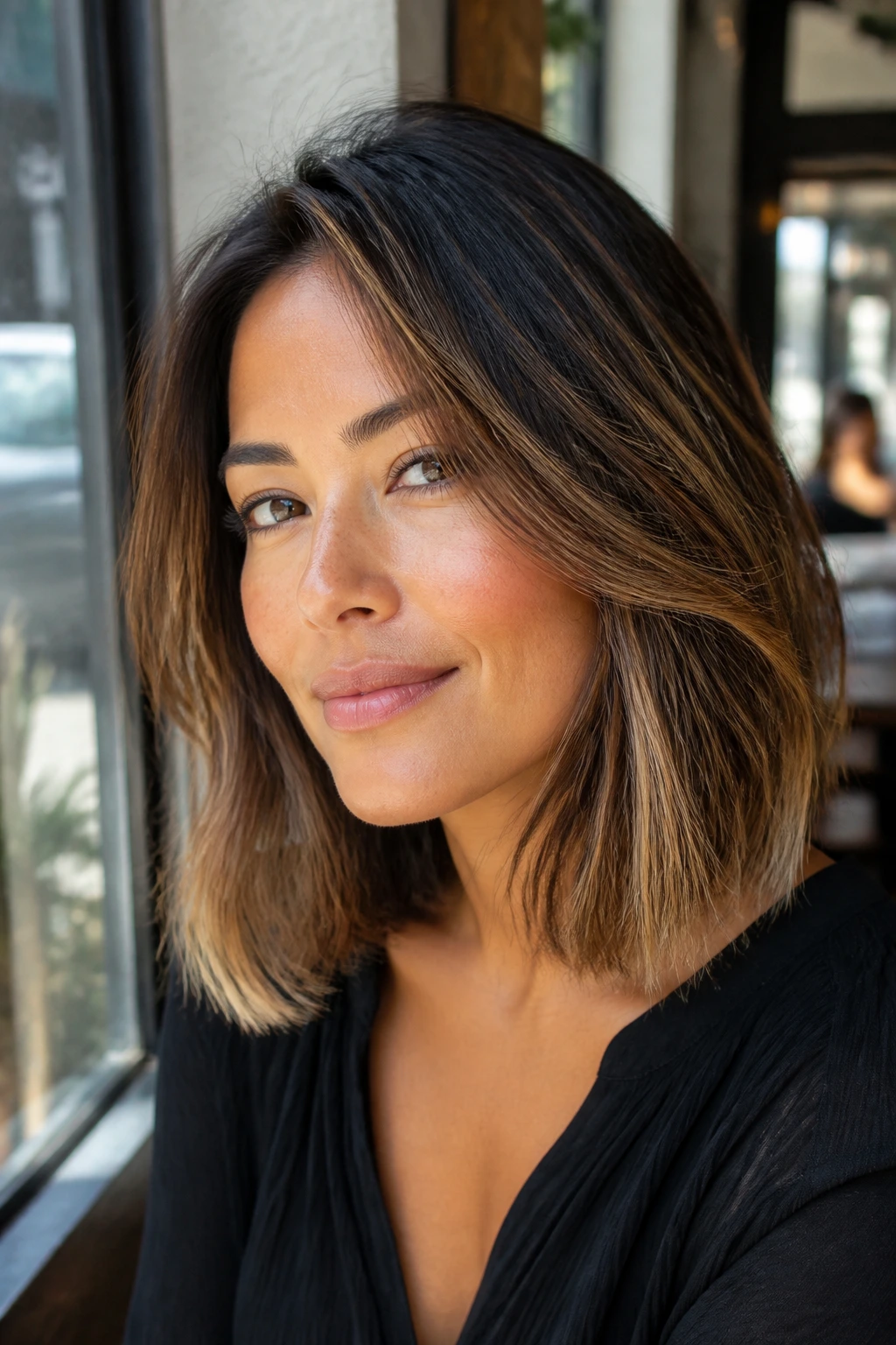 Close-up portrait of a real woman with bronze balayage long bob