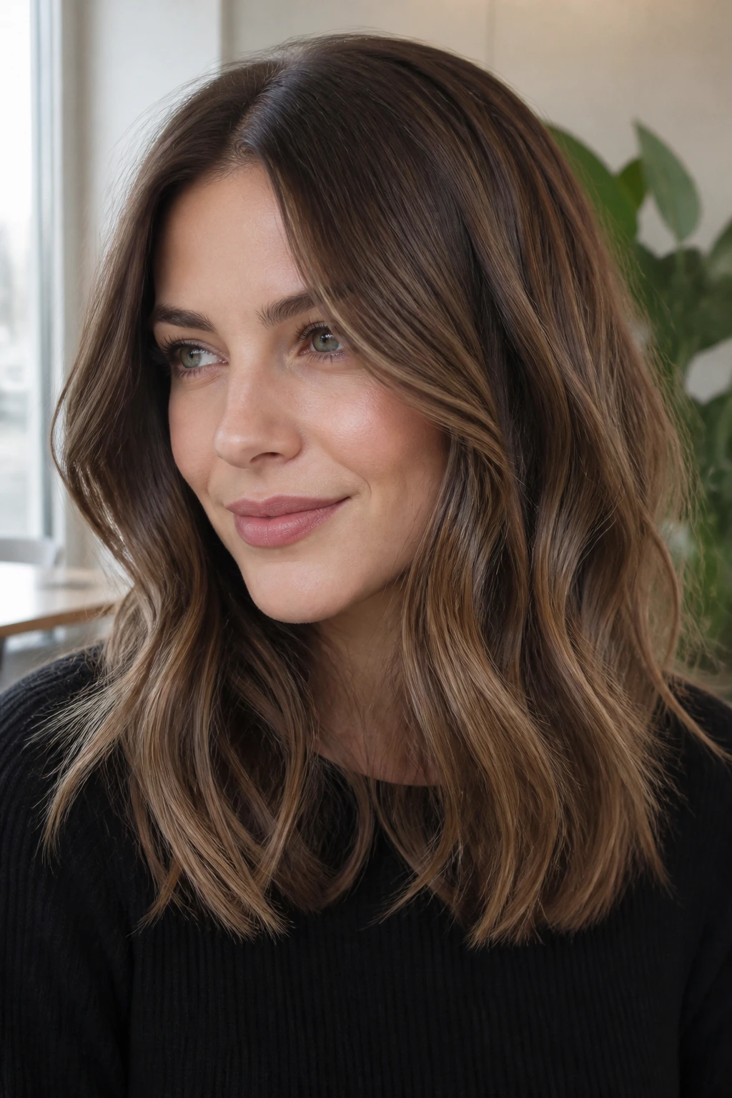 Portrait of a person with a long lob featuring lived-in bronze balayage.