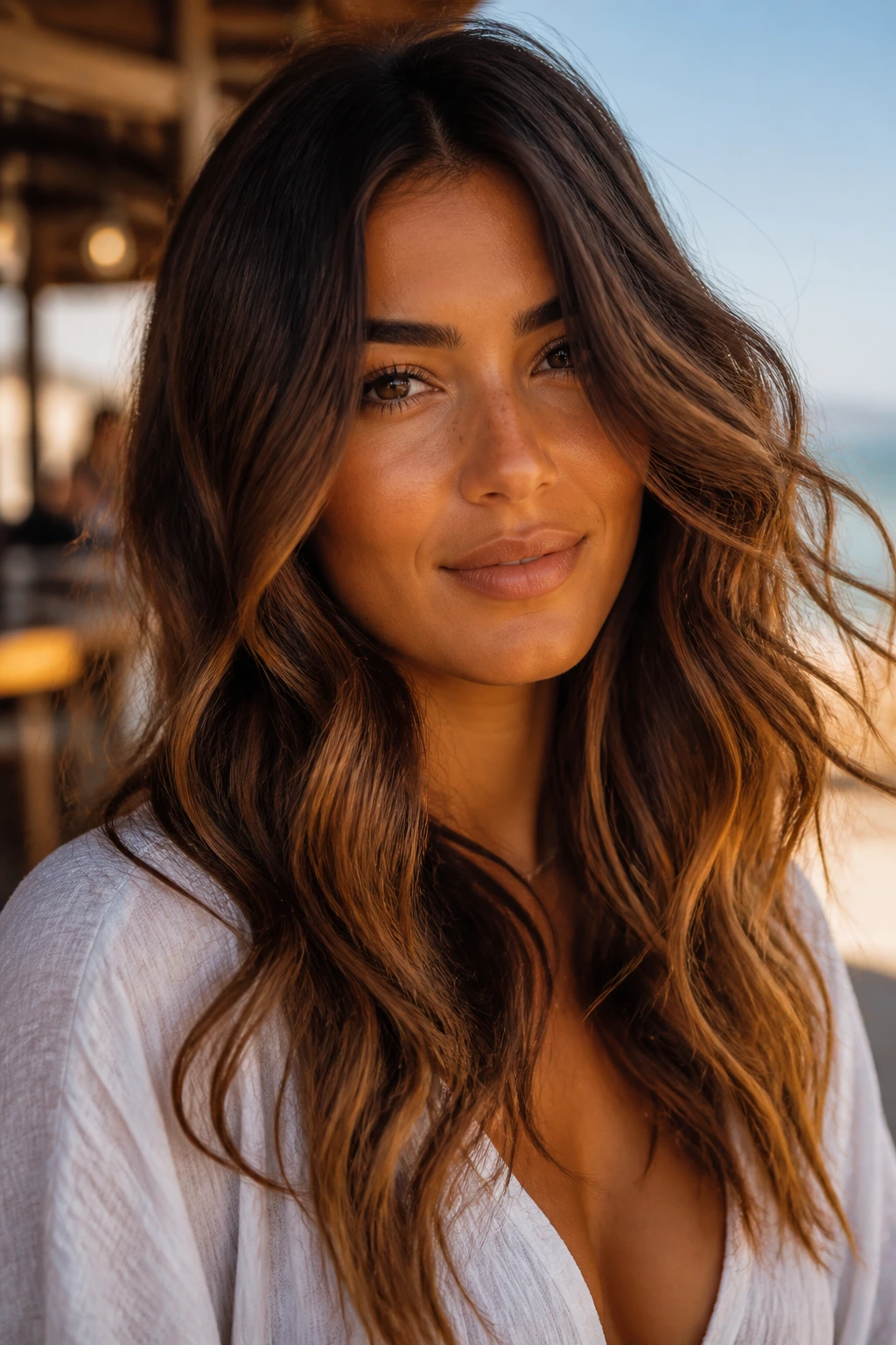 Close-up portrait of a real woman with bronze balayage and loose waves