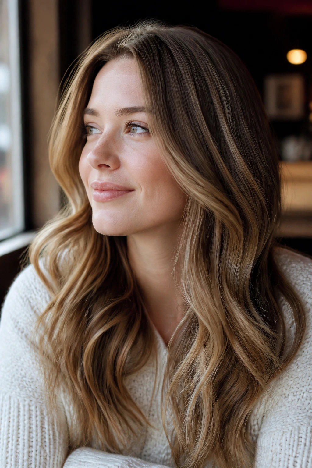 Close-up portrait of a woman with bronze beige balayage, warm hair tones, pale skin
