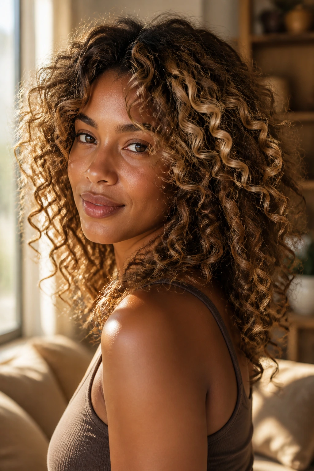 Close-up portrait of a real woman with bronze-beige curls and defined texture by a sunlit window