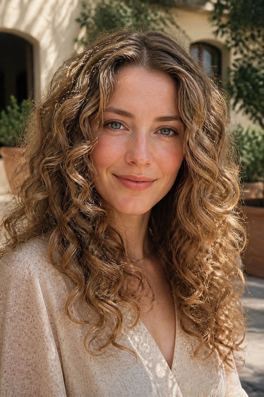 Portrait of a real woman with bronze-beige curls in warm outdoor light