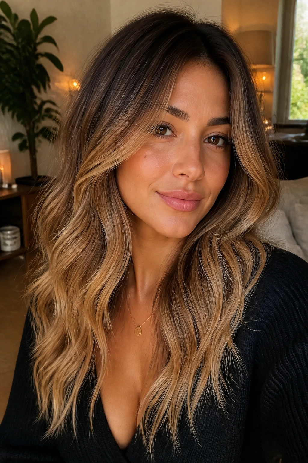 Close-up portrait of a real woman with Bronze-to-Biscuit Fade on hair