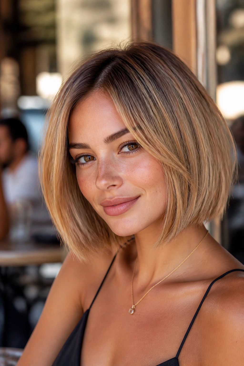 Portrait of a real woman with bronze-blonde bob and warm depth.