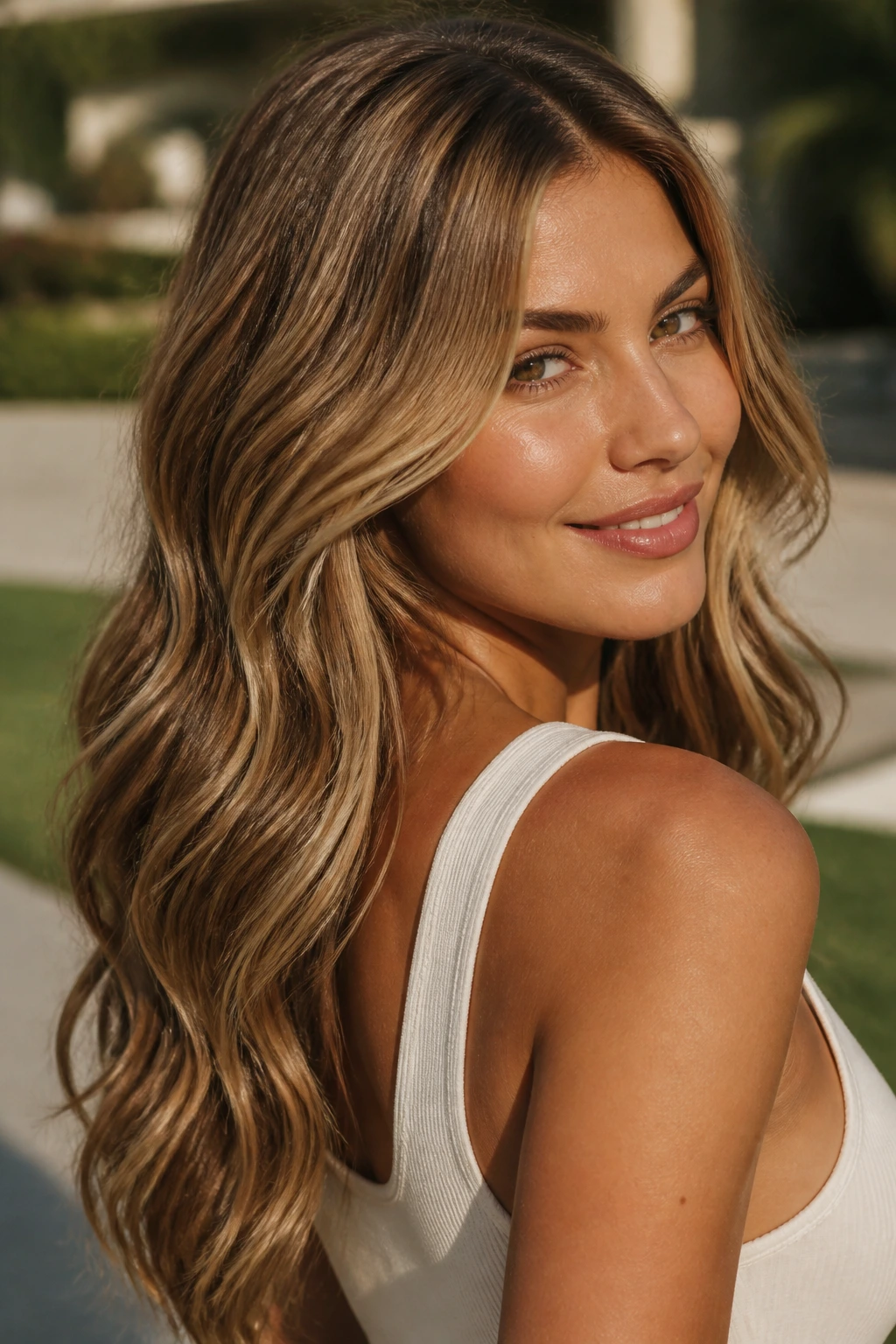Close-up hair with bronze blonde dimension on warm skin