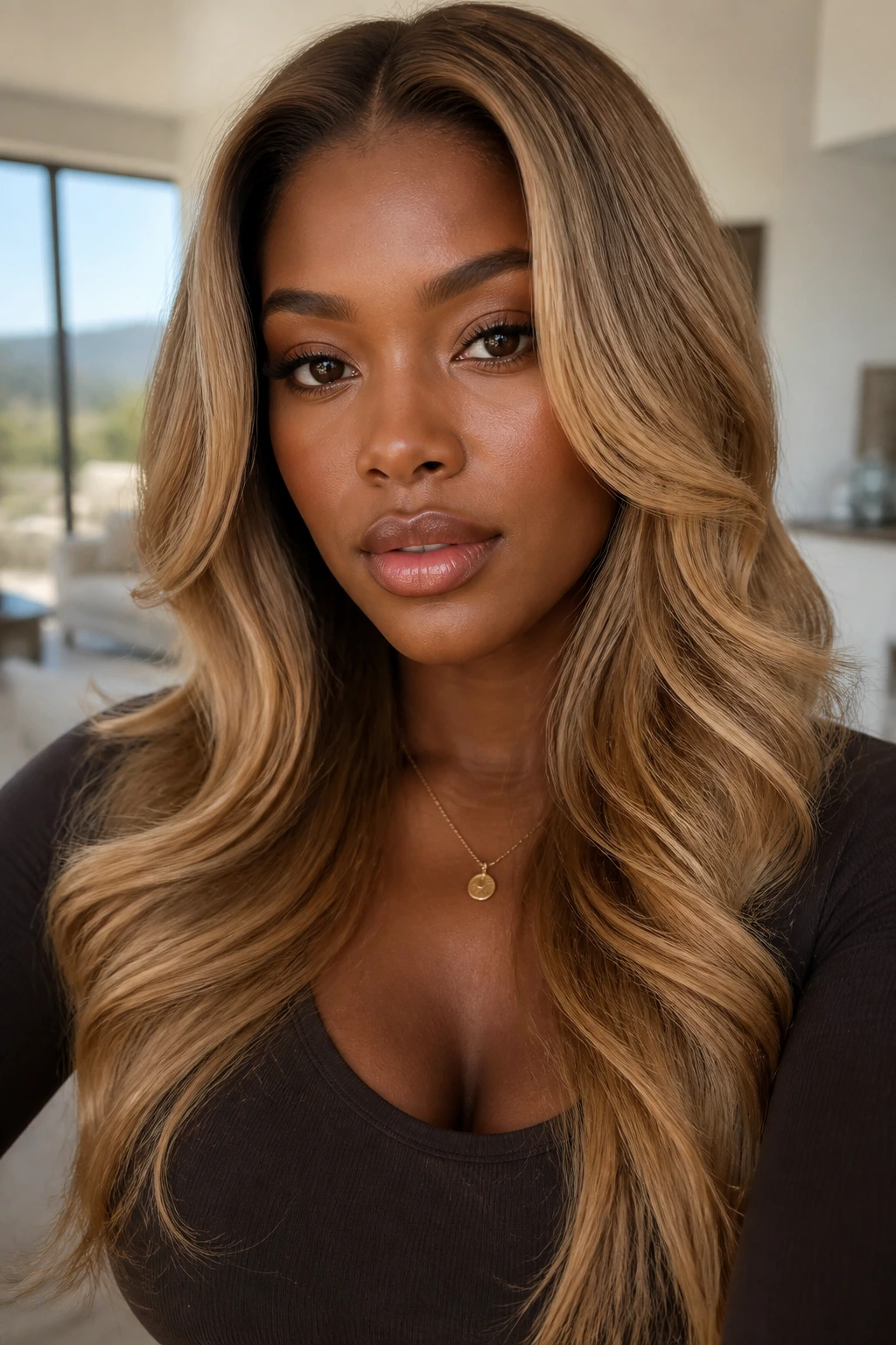 Close-up portrait of a real woman with bronze blonde hair by a window