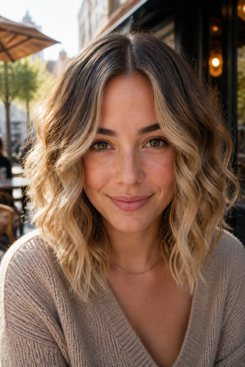 Close-up of a real woman with bronze-to-blonde lob and center part in daylight.