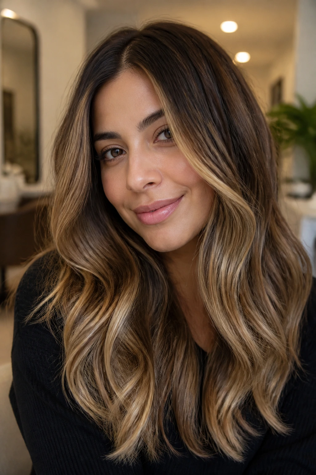 Portrait of a person with dark hair featuring a bronze-to-blonde melt