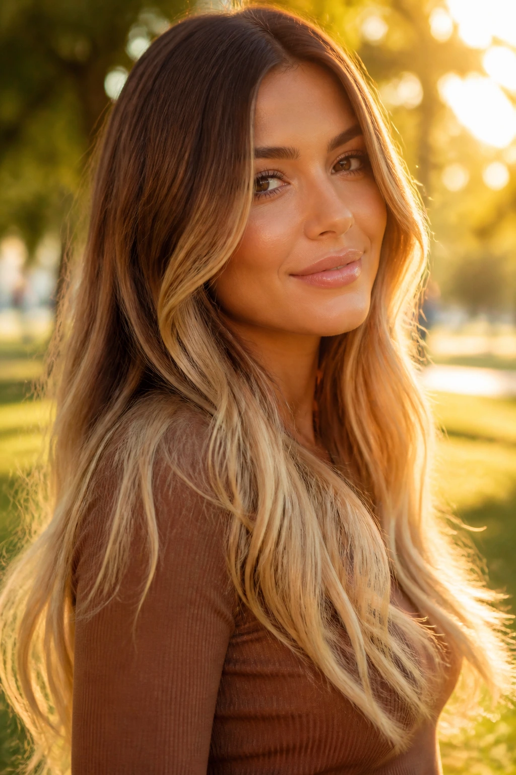 Close-up portrait of Bronze-to-Blonde Ombré on a real woman in golden hour light