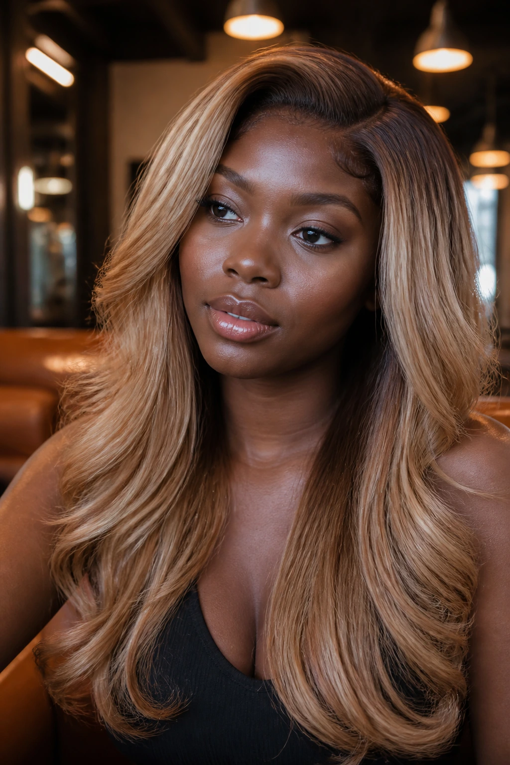Close-up portrait of a person with bronze-blonde sewn-in hair.