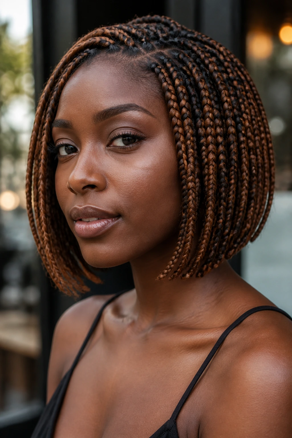 Portrait of bronze braided bob hairstyle on a real woman