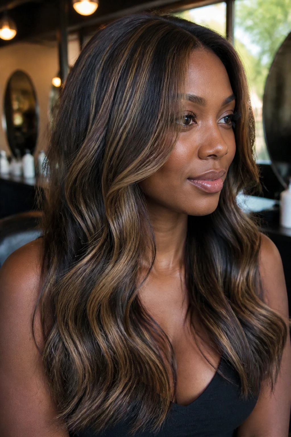 Close-up of a real woman's hair with bronze bronde babylights on deep skin, in a warm salon setting