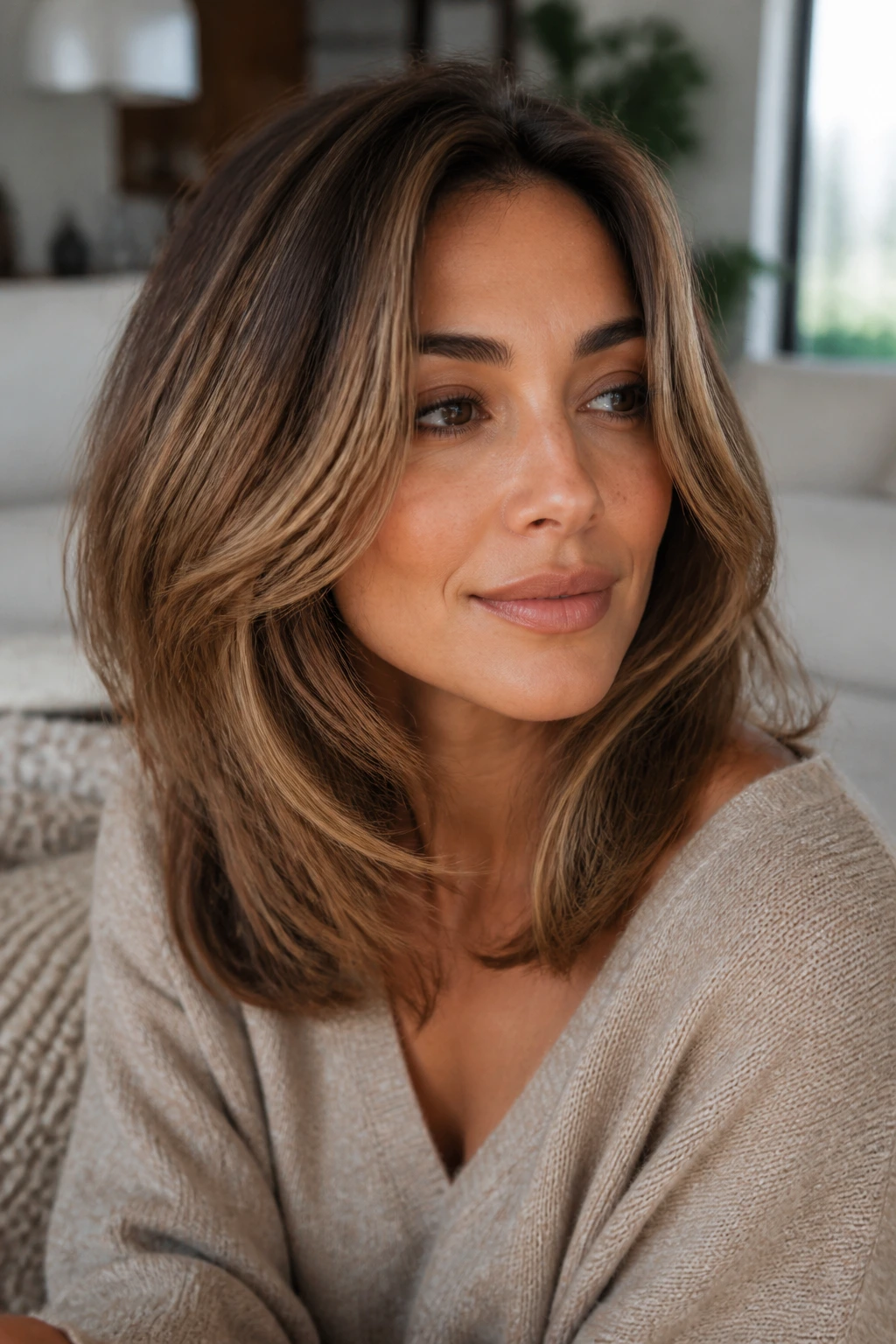Close-up portrait of a real woman with bronze bronde midlength layers on olive skin