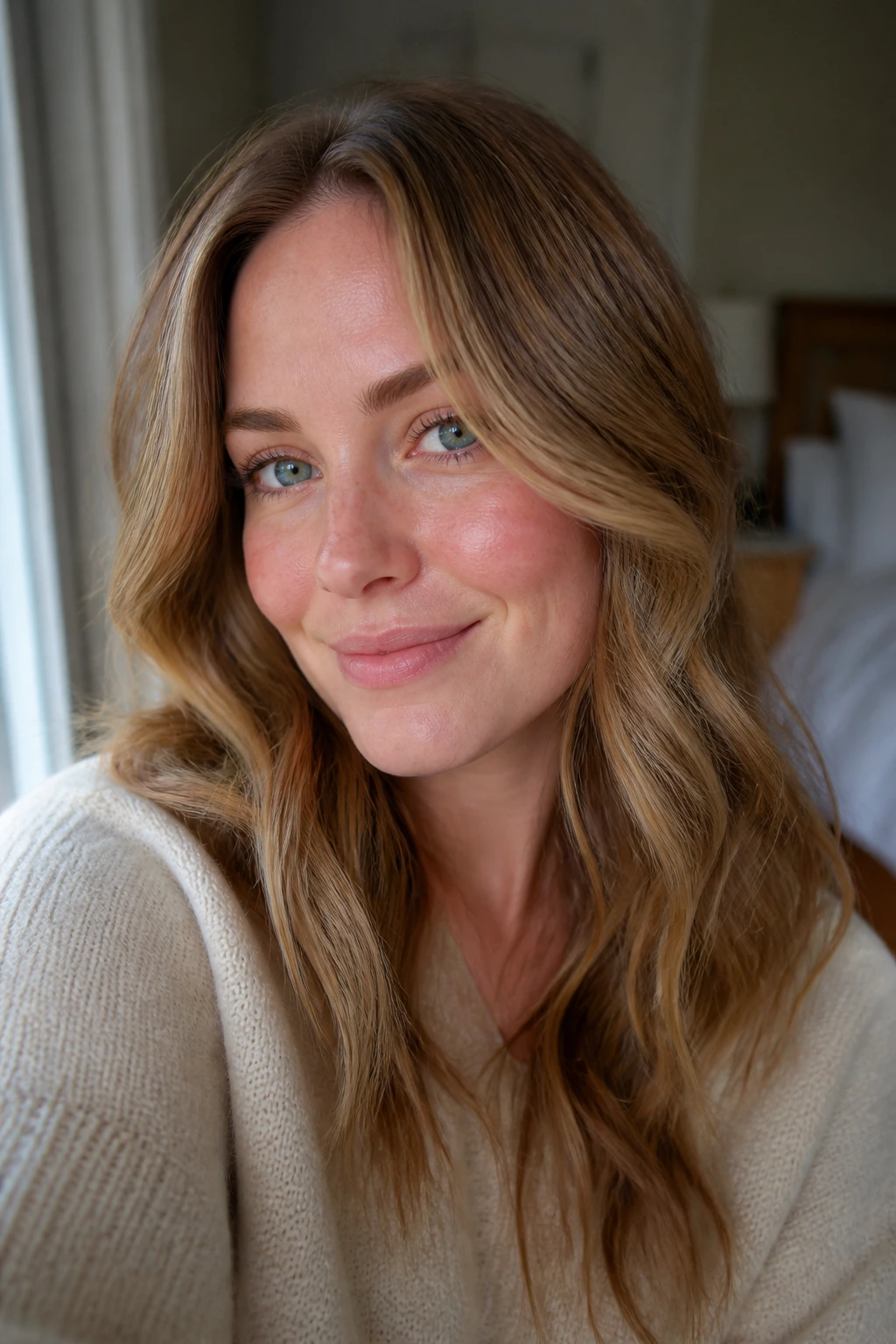 Close-up portrait of a real woman with bronze bronde hair and rosy skin by window light