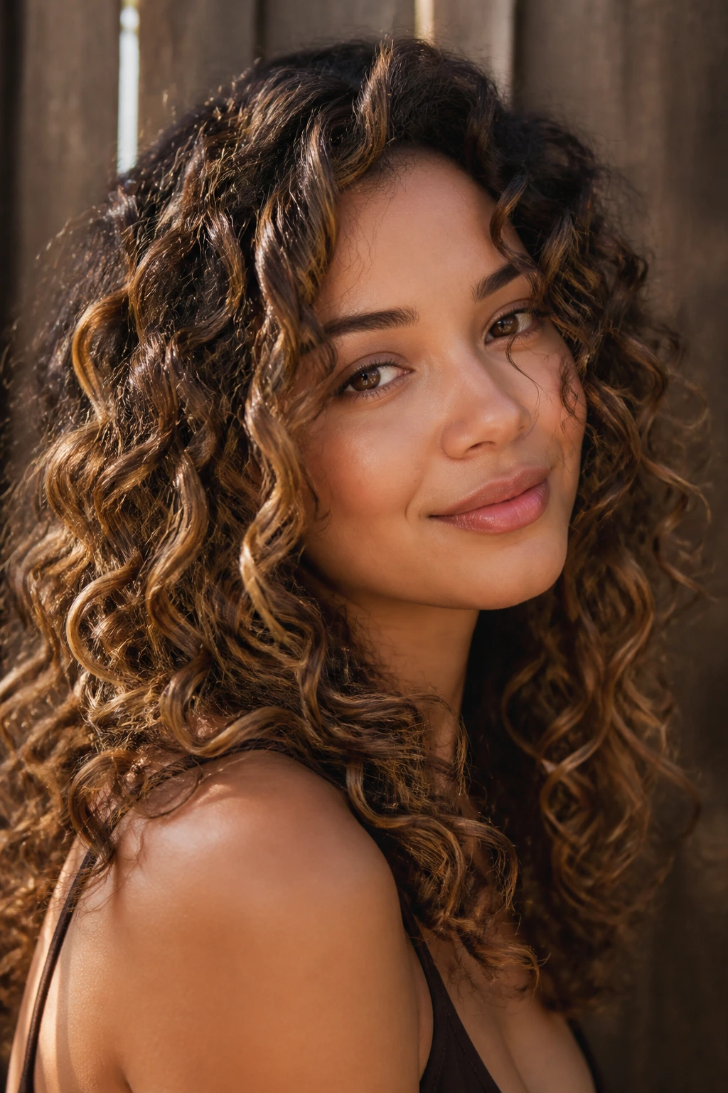 Close-up of a real woman with bronze and bronze-gold melt in curly hair