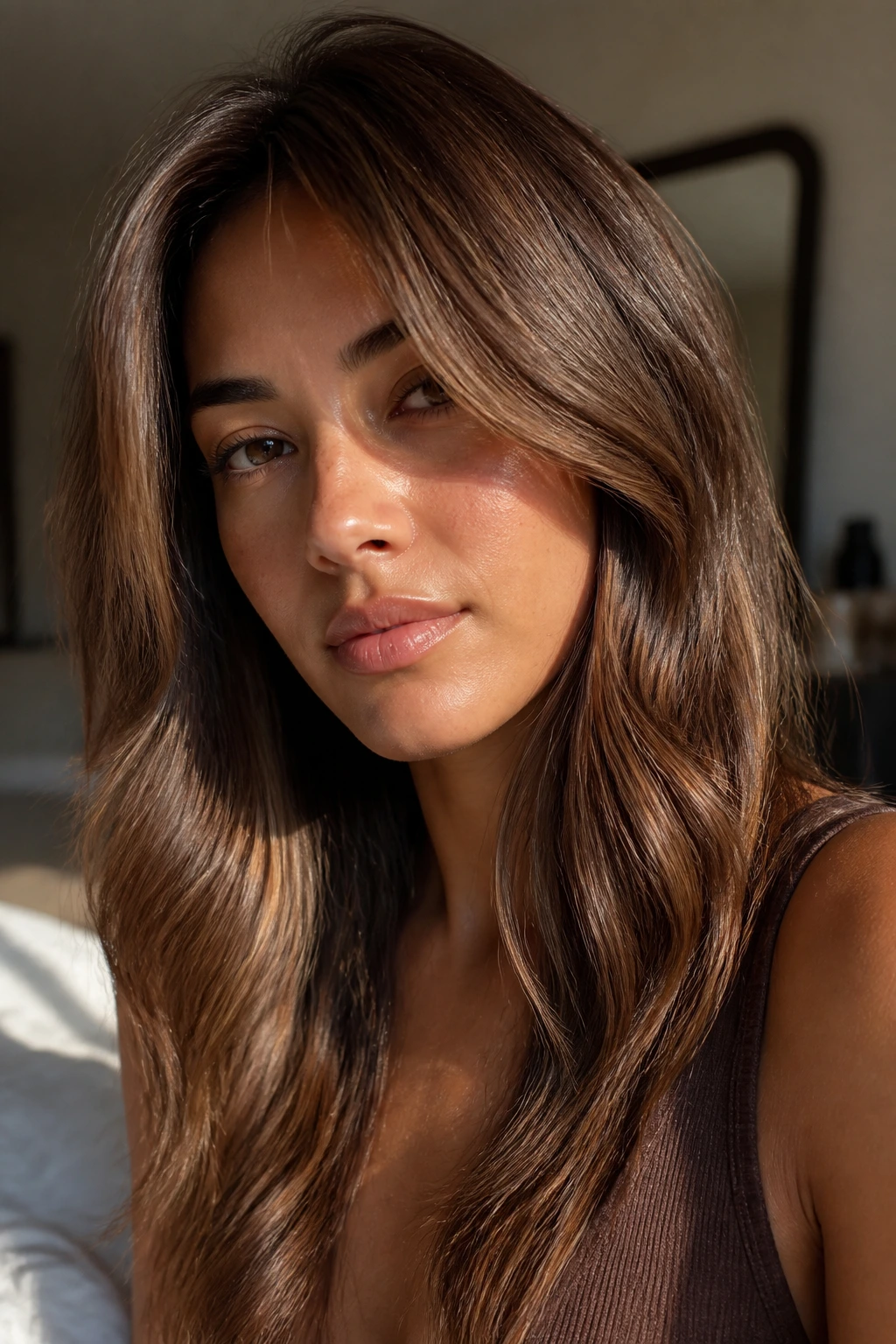 Close-up of woman with bronze brown hair color