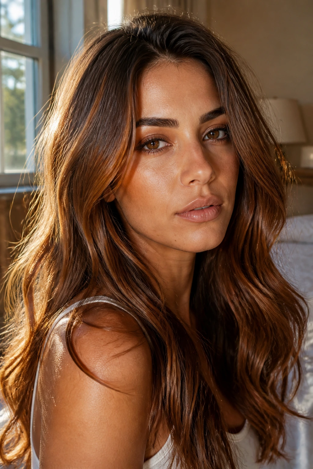 Close-up of a woman with Bronze Brown hair in loose waves under warm window light