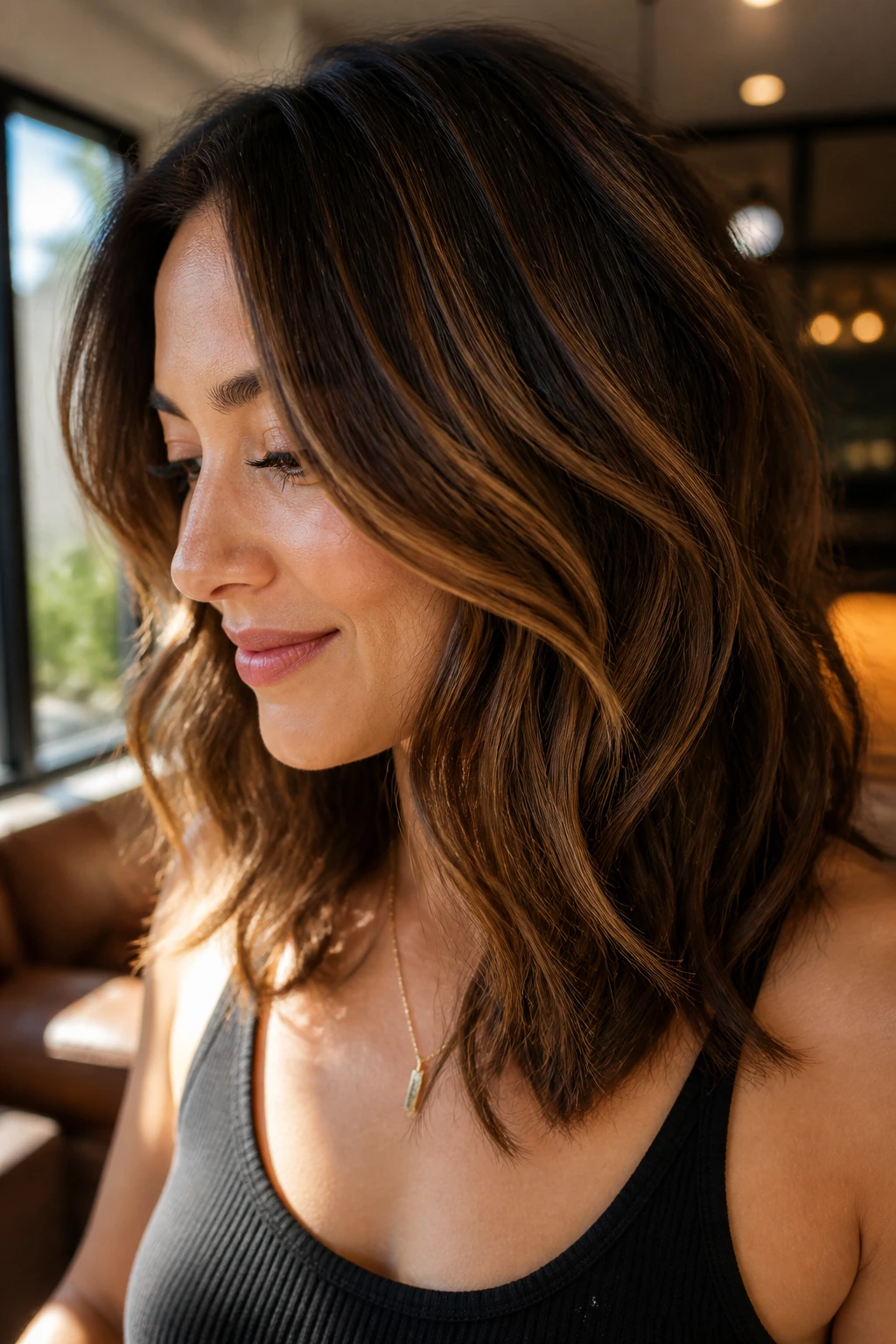 Close-up of bronze brown midlights on shoulder-length hair
