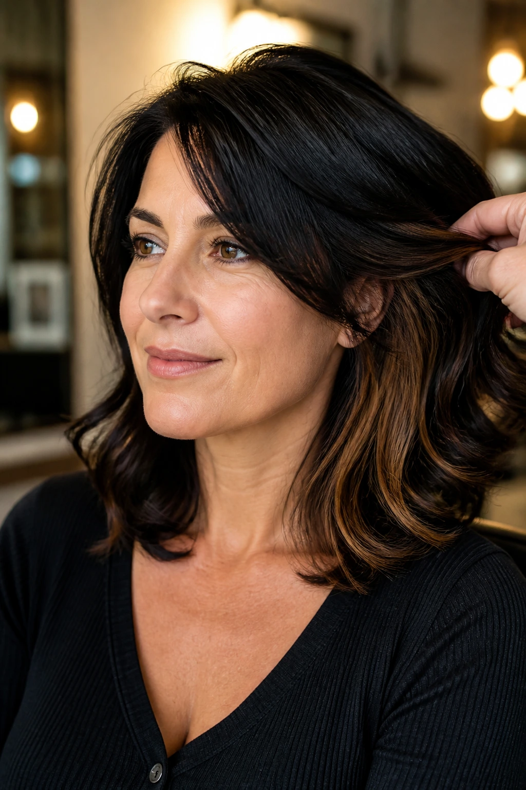 Real woman with Bronze Brown Peekaboo under-layer highlights visible from side