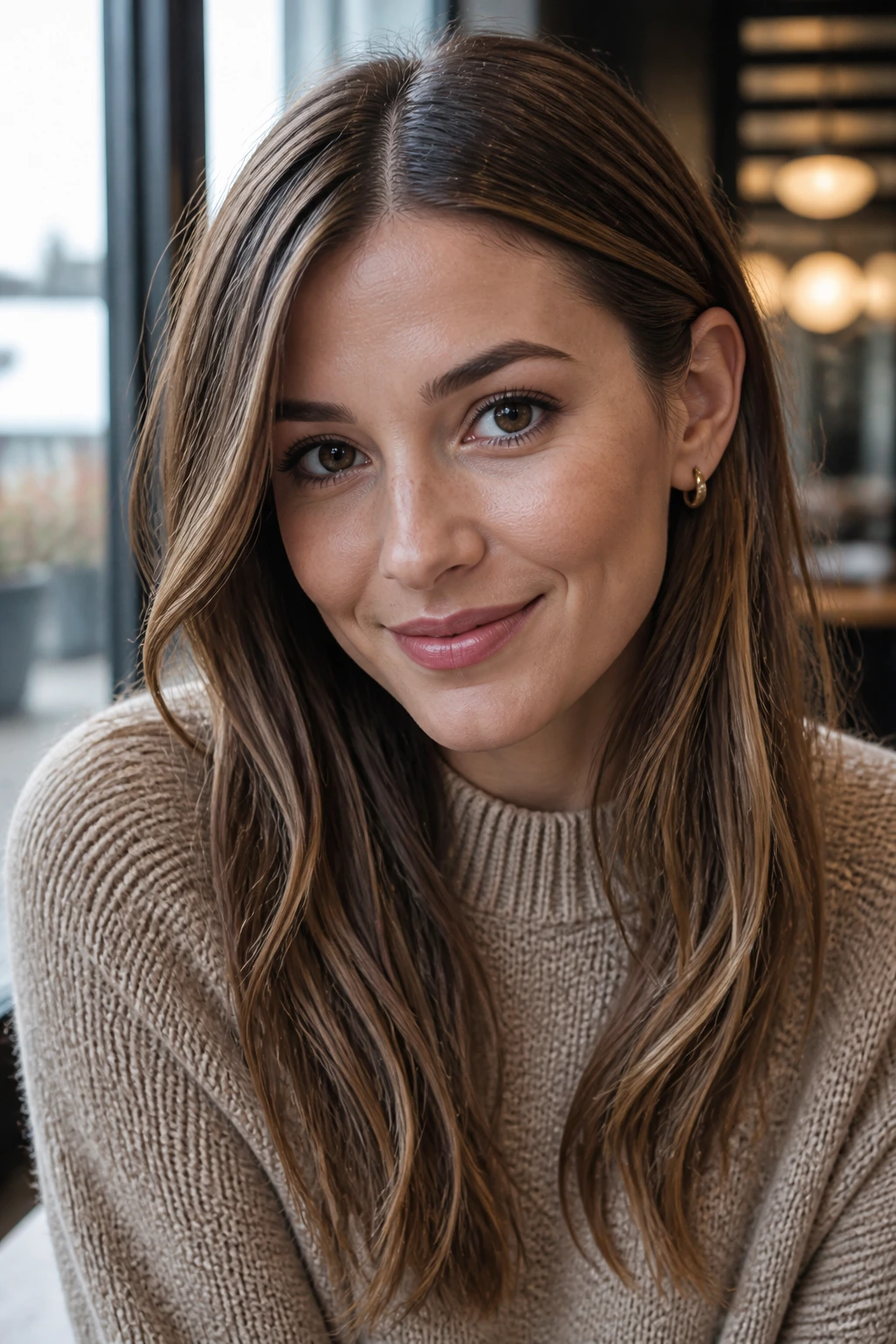 Close-up of a real woman with bronze brunette and narrow caramel strands