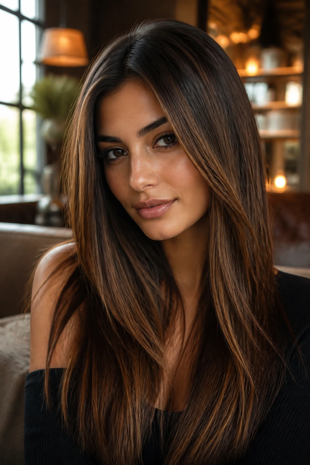 Close-up portrait showing Bronze Brunette Glow highlights on top layer